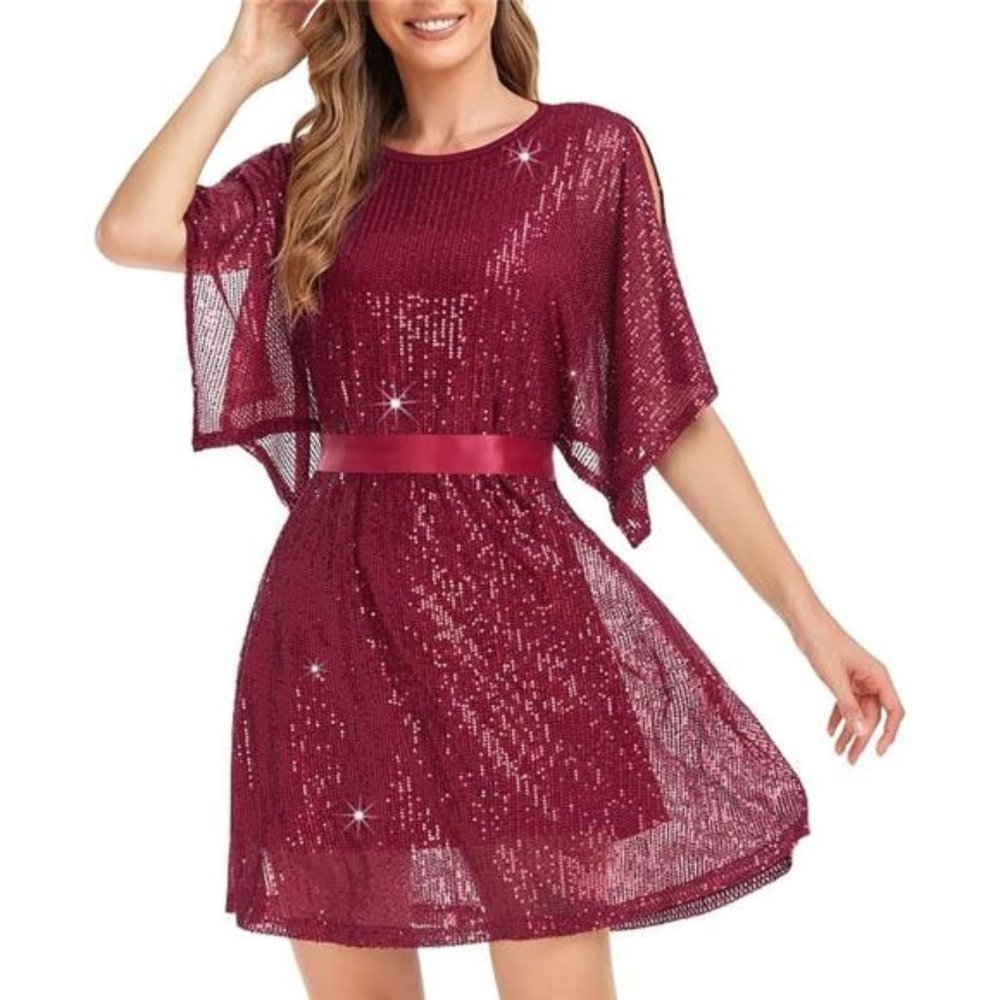 Womens Sequin Loose Dress Party Split Sleeves Casual Wear